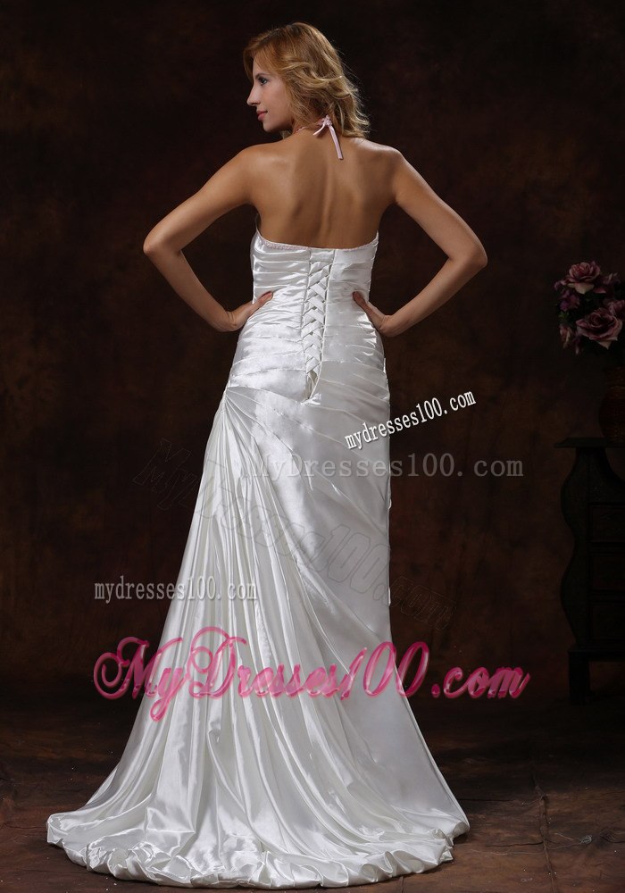 Halter Ivory 2013 Spring Garden Wedding Dress With Brush Train Ruched