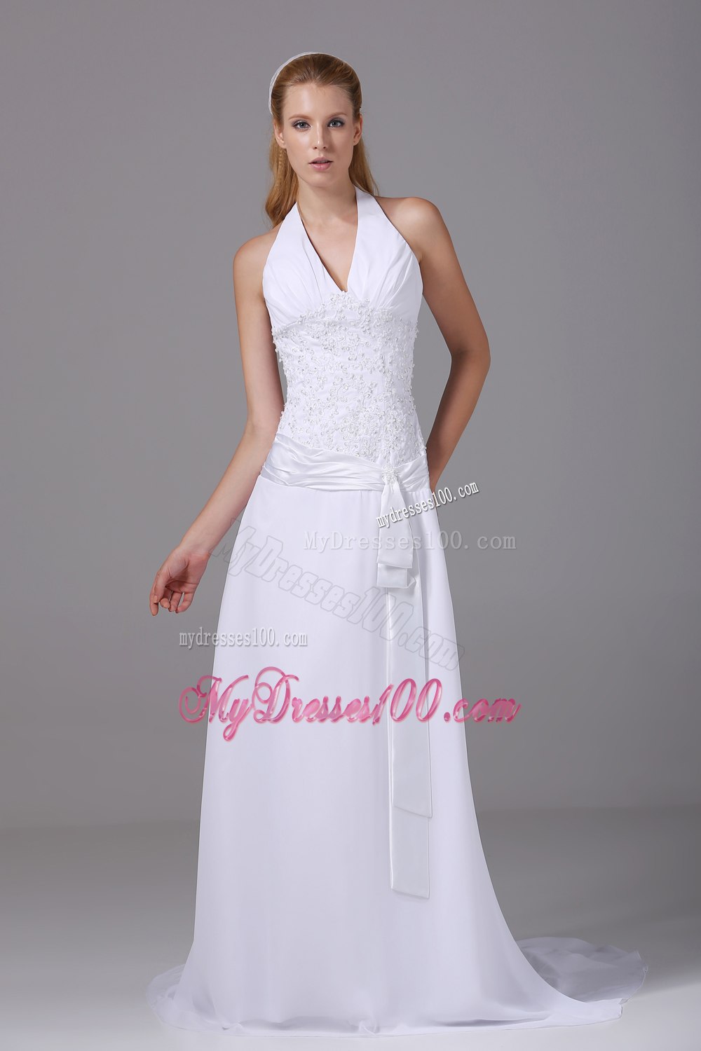 Cheap Halter Top Column Appliques Ruching 2013 Wedding Dresses