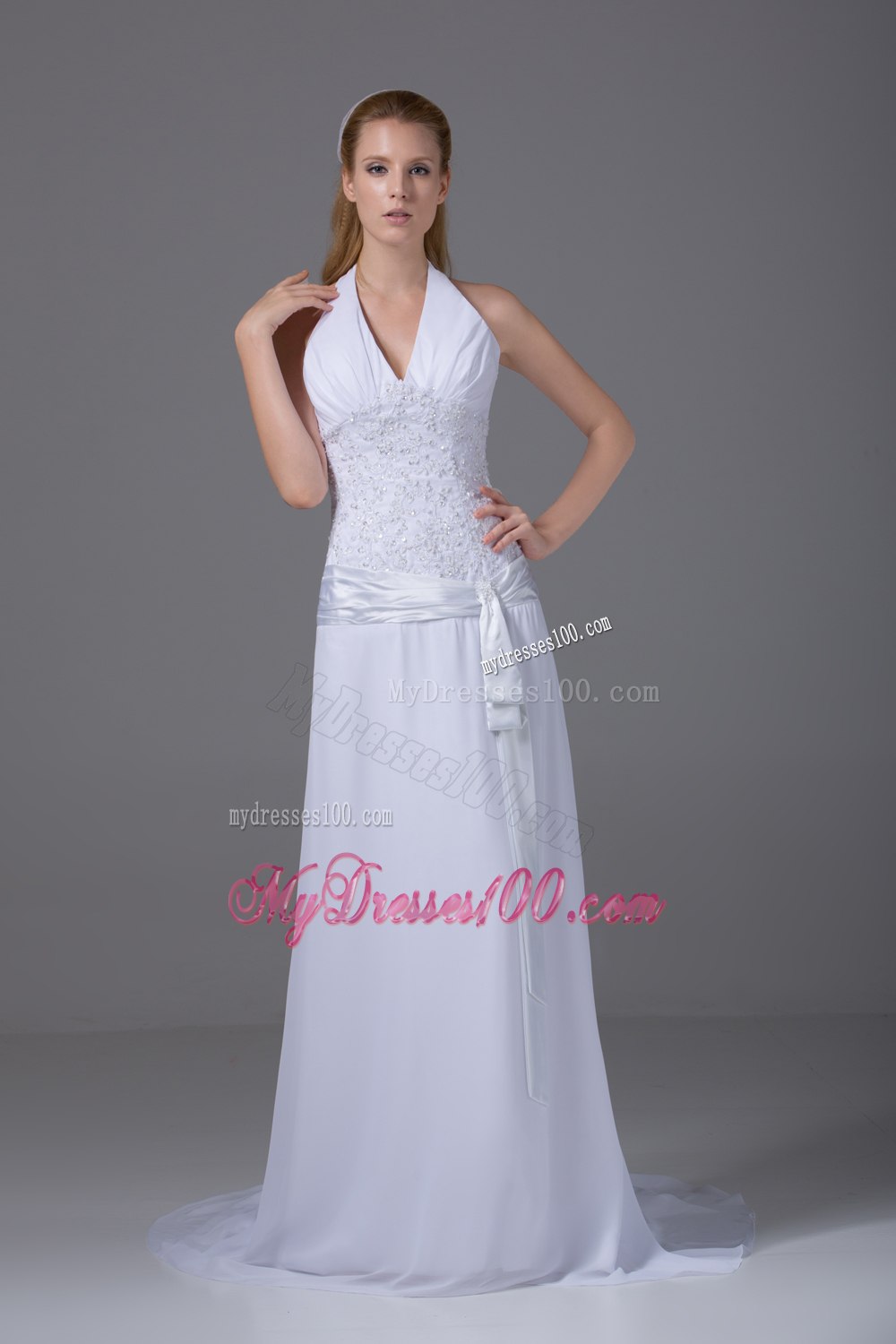 Cheap Halter Top Column Appliques Ruching 2013 Wedding Dresses