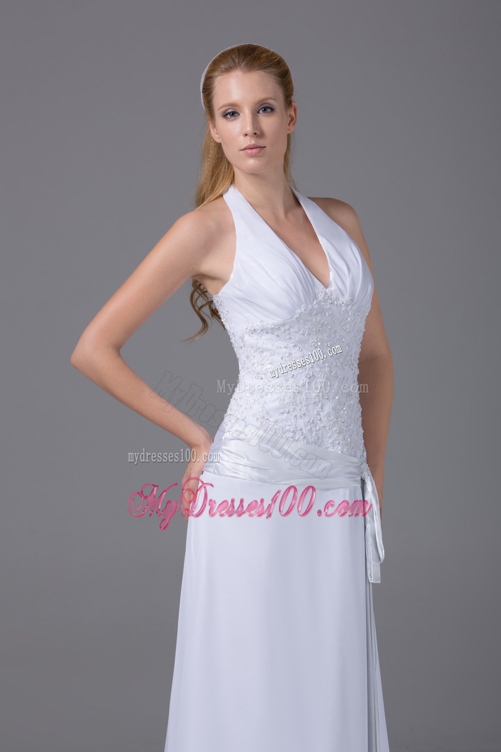Cheap Halter Top Column Appliques Ruching 2013 Wedding Dresses