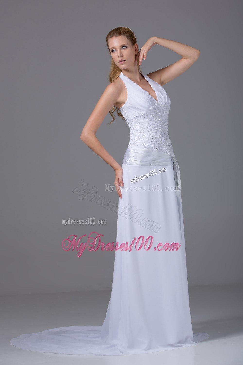 Cheap Halter Top Column Appliques Ruching 2013 Wedding Dresses