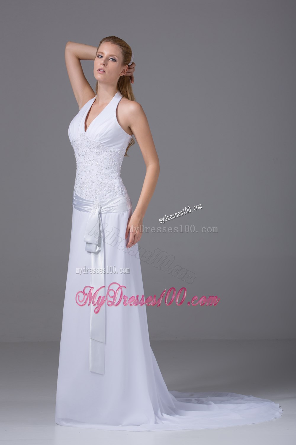 Cheap Halter Top Column Appliques Ruching 2013 Wedding Dresses