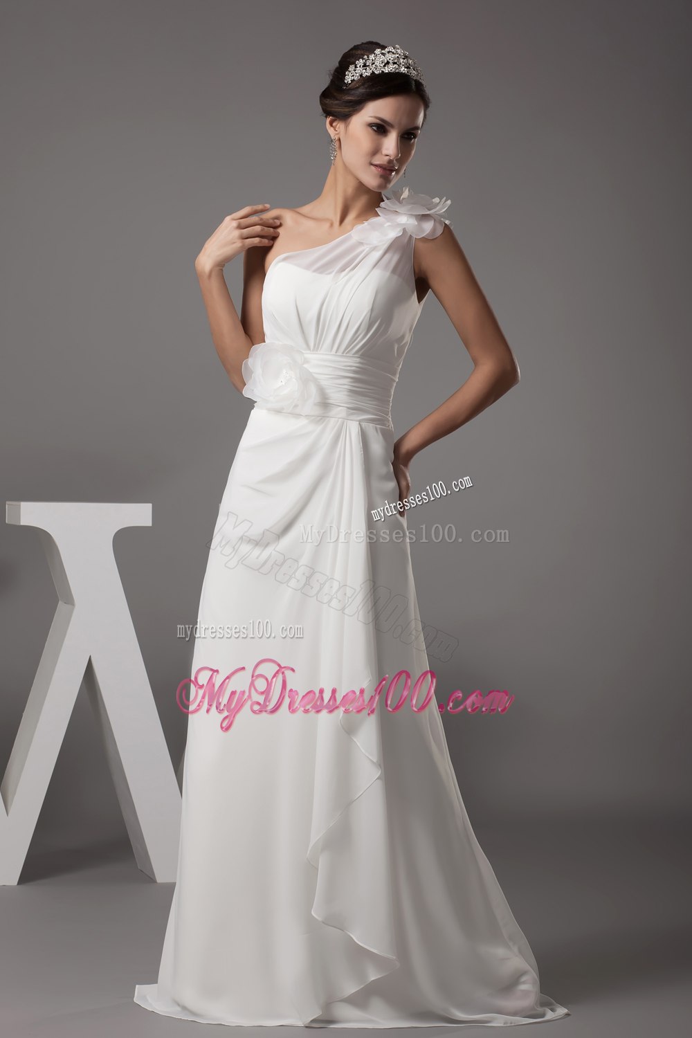 Hand Made Flowers One Shoulder Long Wedding Dress