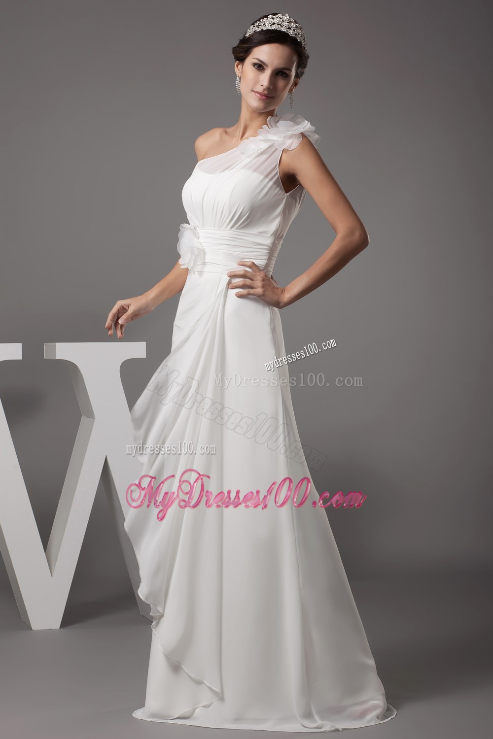 Hand Made Flowers One Shoulder Long Wedding Dress