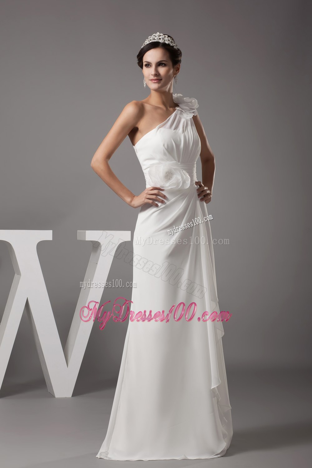 Hand Made Flowers One Shoulder Long Wedding Dress