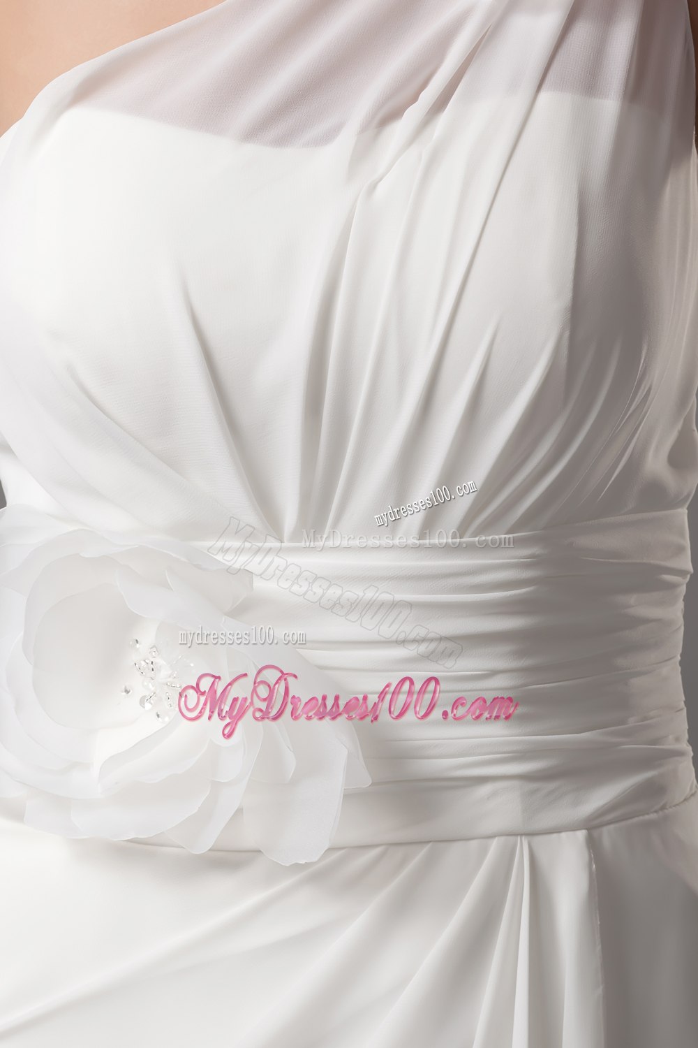 Hand Made Flowers One Shoulder Long Wedding Dress