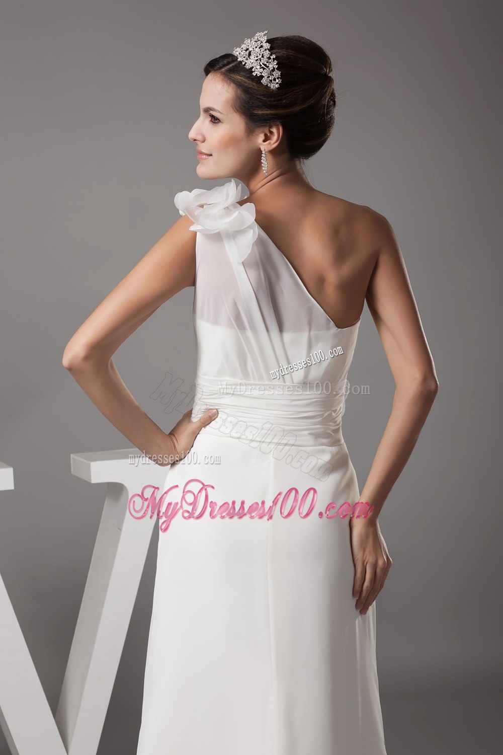 Hand Made Flowers One Shoulder Long Wedding Dress