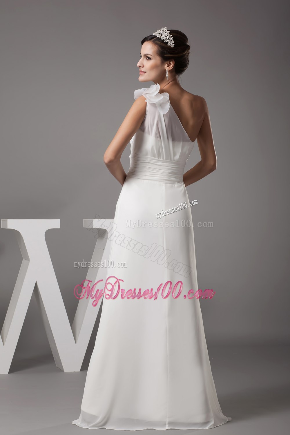 Hand Made Flowers One Shoulder Long Wedding Dress