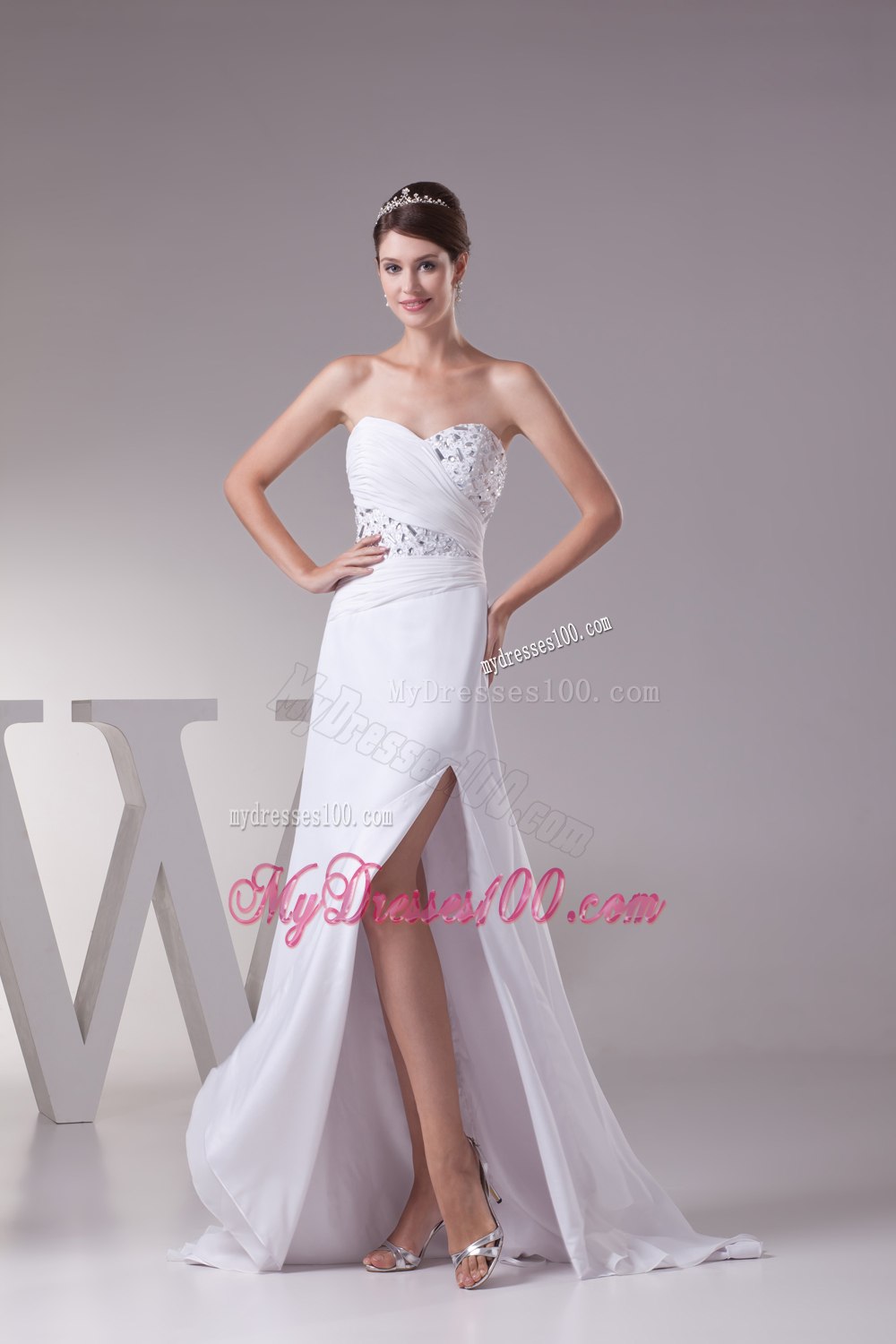 High Slit Fashionable Beaded Sweetheart Empire 2013 Wedding Dress
