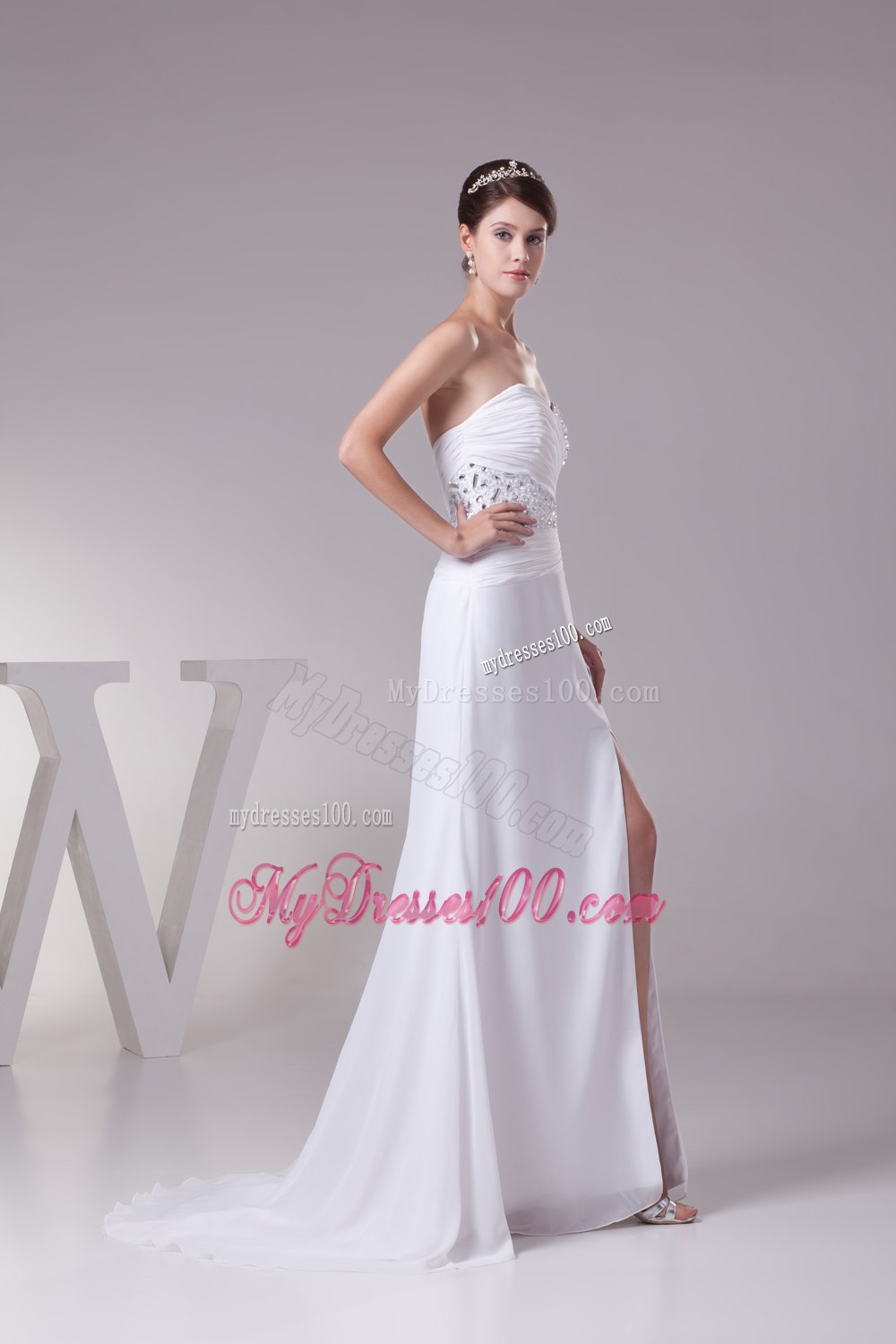 High Slit Fashionable Beaded Sweetheart Empire 2013 Wedding Dress