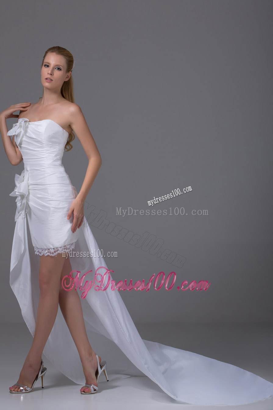 2013 High-low Strapless Hand Made Flowers Lace Wedding Dresses