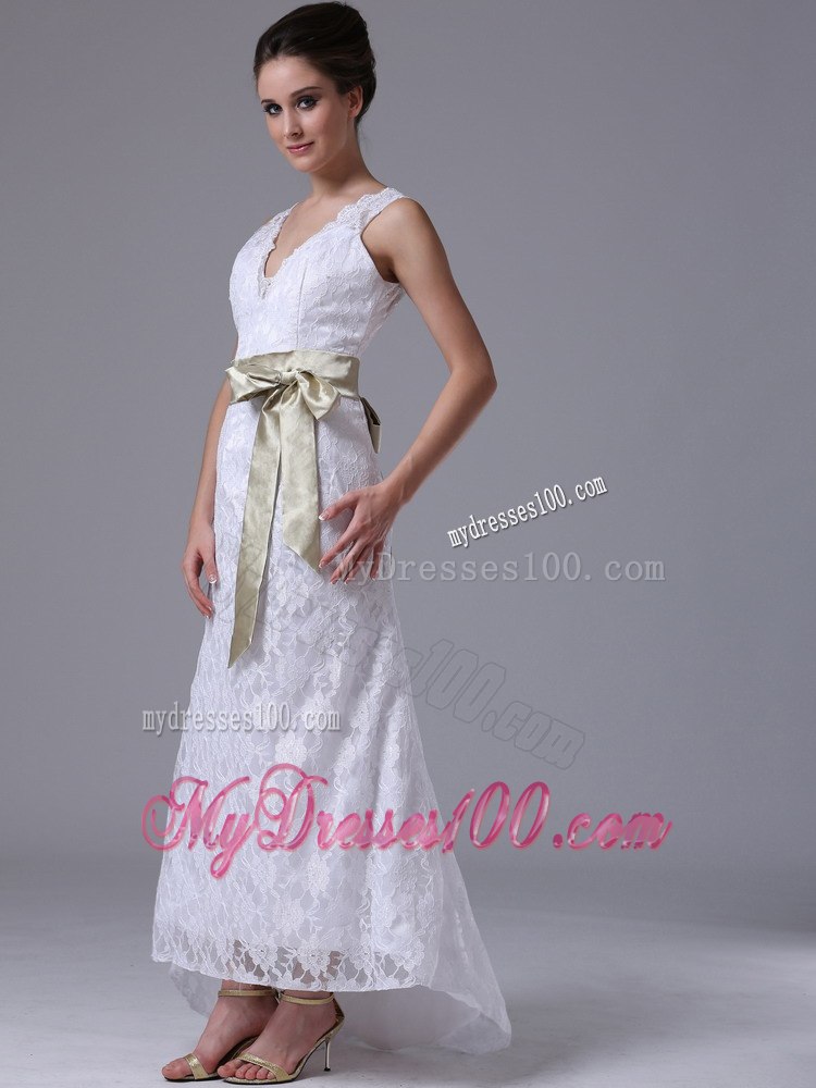 High-low V-Neck Stylish Customize Summer Wedding Dress With Sash