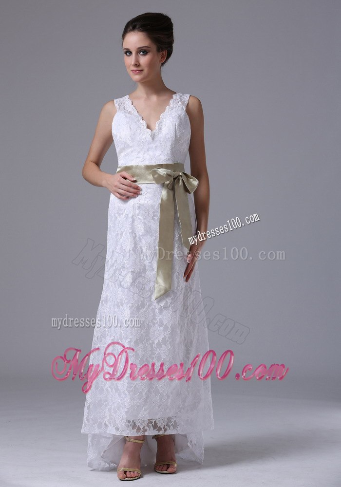 High-low V-Neck Stylish Customize Summer Wedding Dress With Sash