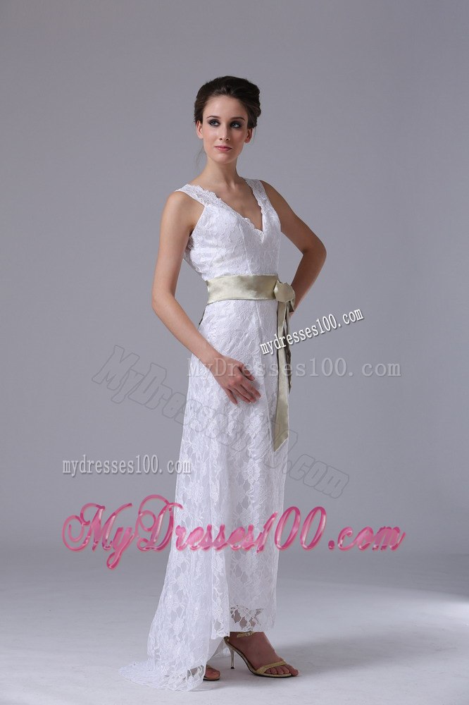 High-low V-Neck Stylish Customize Summer Wedding Dress With Sash