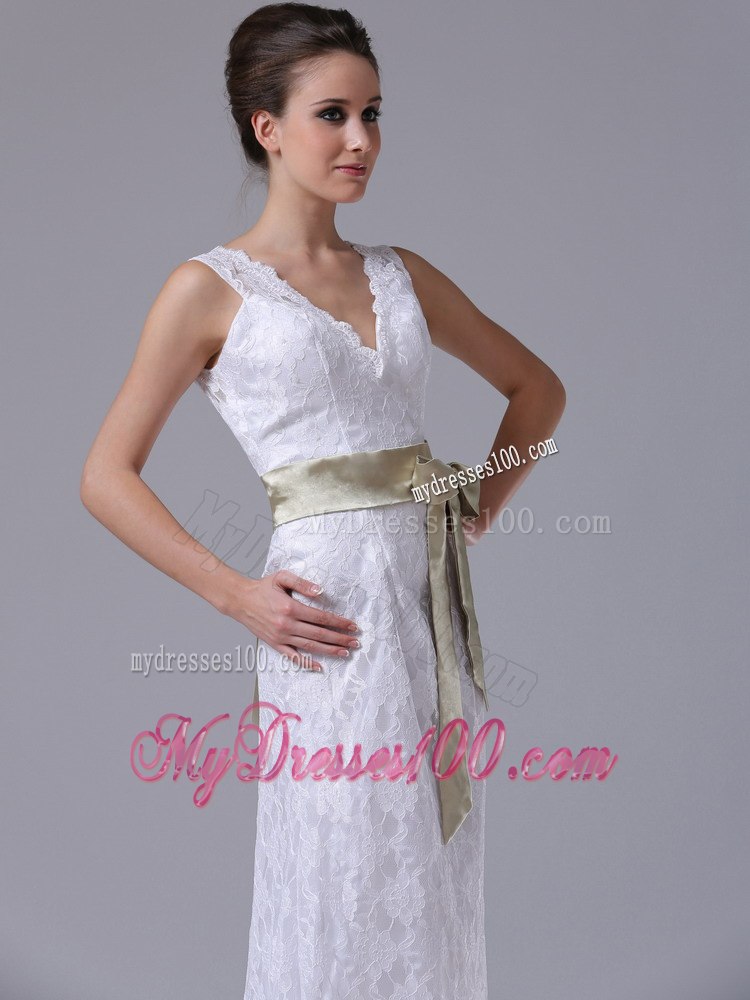 High-low V-Neck Stylish Customize Summer Wedding Dress With Sash