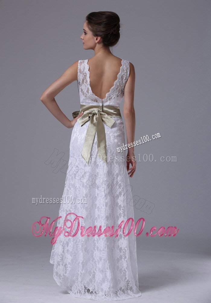 High-low V-Neck Stylish Customize Summer Wedding Dress With Sash