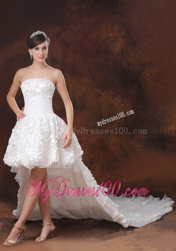 Princess Strapless High-low Fabric With Rolling Flower Wedding Dresses