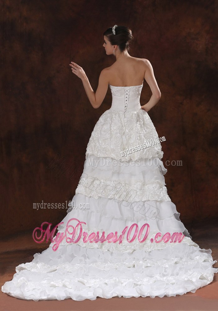 Princess Strapless High-low Fabric With Rolling Flower Wedding Dresses