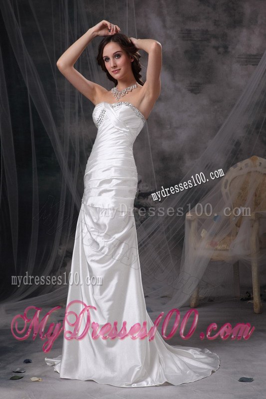 Ivory Mermaid Sweetheart Brush Train Beading Ruching Wedding Dress