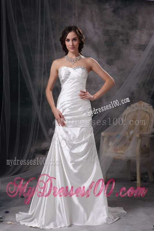 Ivory Mermaid Sweetheart Brush Train Beading Ruching Wedding Dress