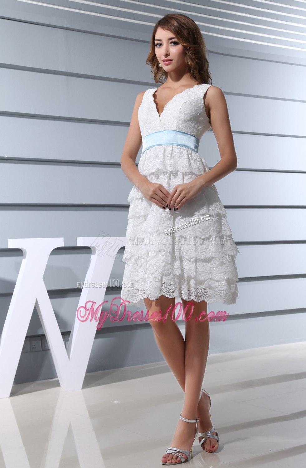 Lace V-neck Ruffled Layers Knee-length Wedding Dress with Blue Belt