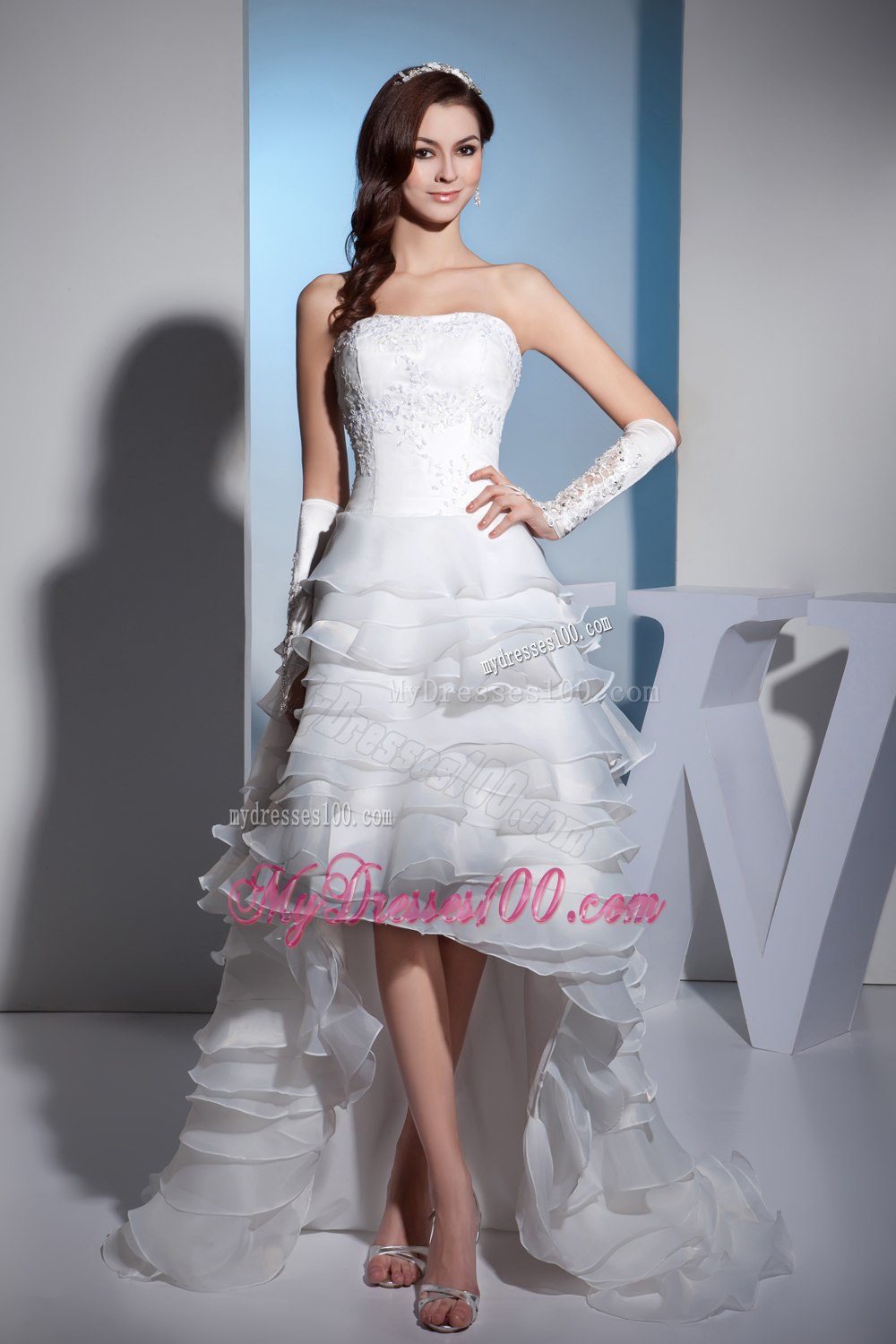 Lace and Ruffled Layers High-low Brush Train Strapless Wedding Dress