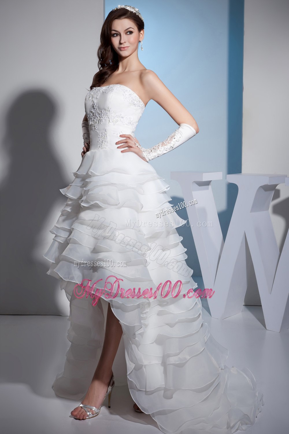 Lace and Ruffled Layers High-low Brush Train Strapless Wedding Dress