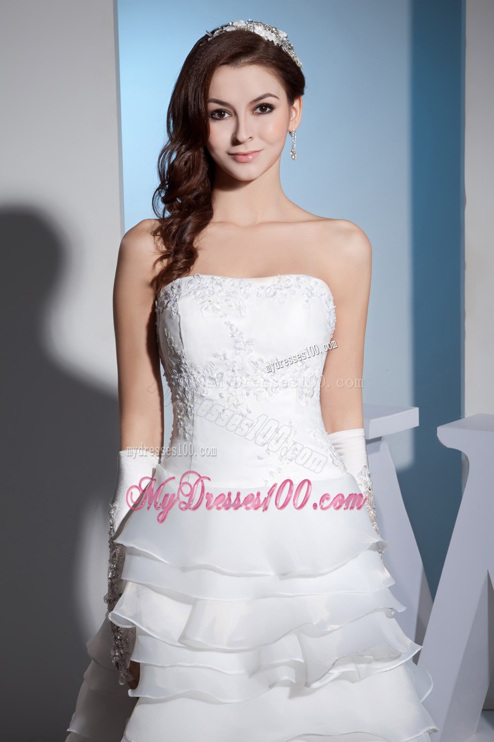 Lace and Ruffled Layers High-low Brush Train Strapless Wedding Dress