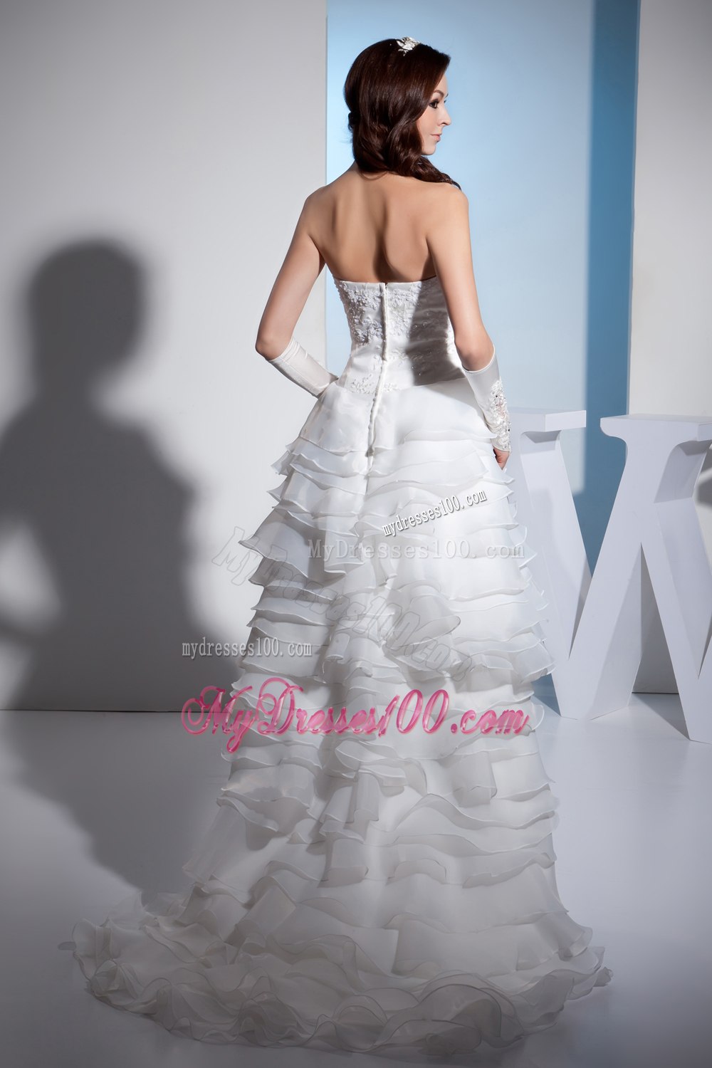 Lace and Ruffled Layers High-low Brush Train Strapless Wedding Dress