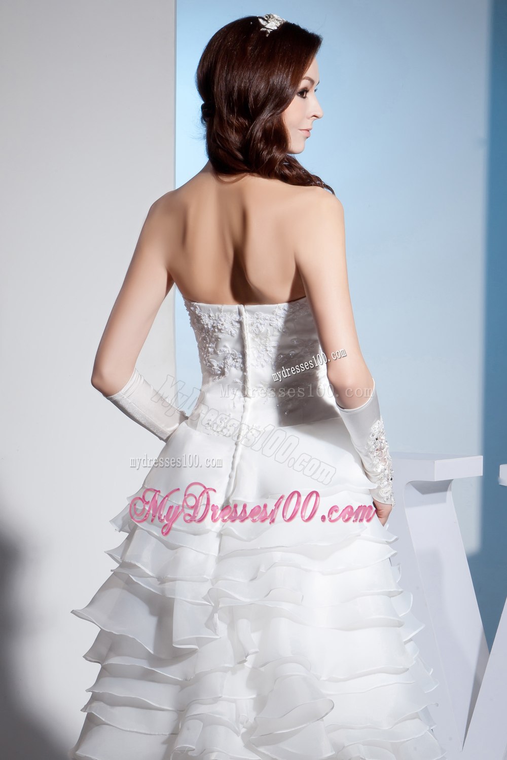 Lace and Ruffled Layers High-low Brush Train Strapless Wedding Dress