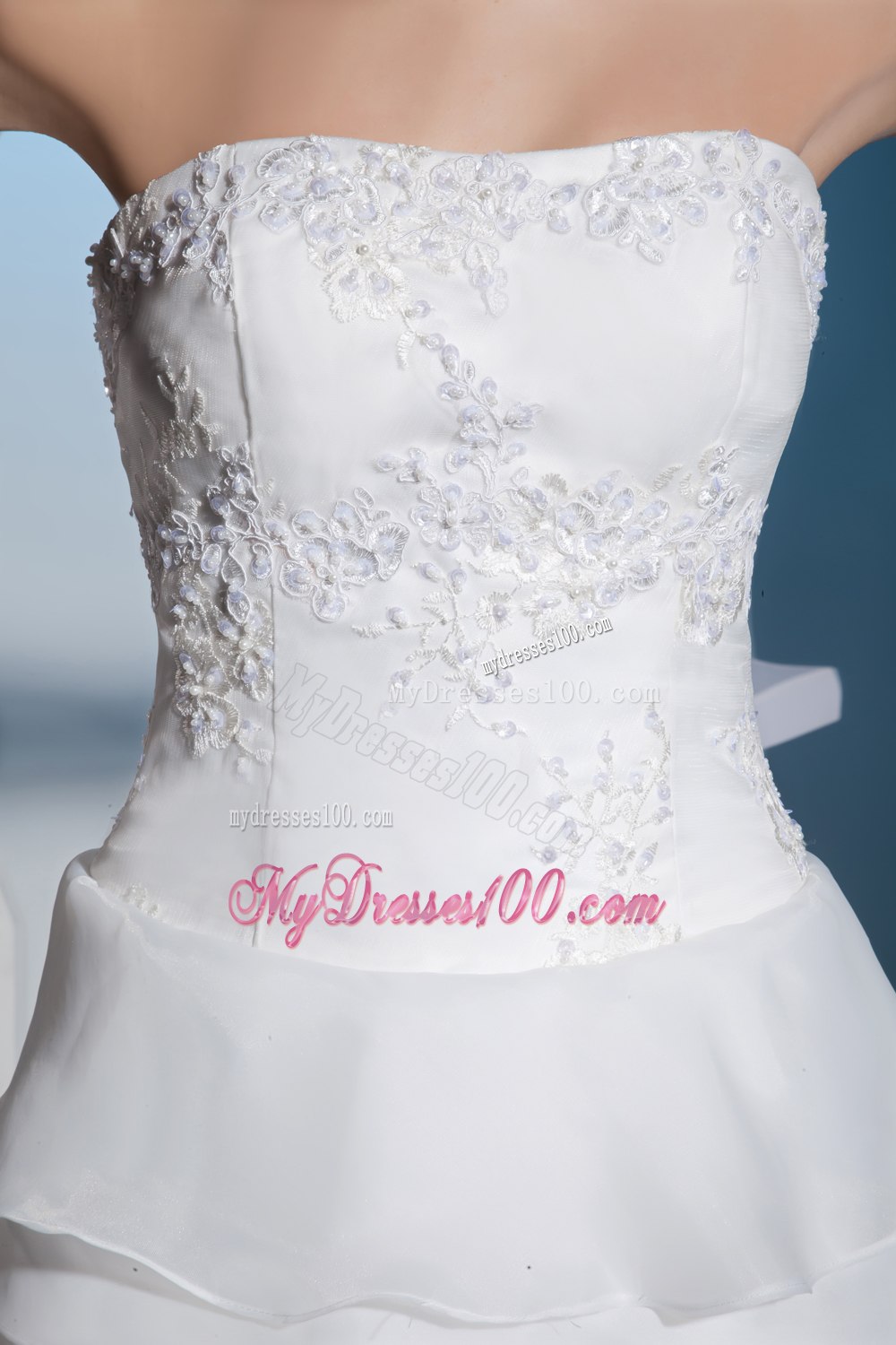 Lace and Ruffled Layers High-low Brush Train Strapless Wedding Dress