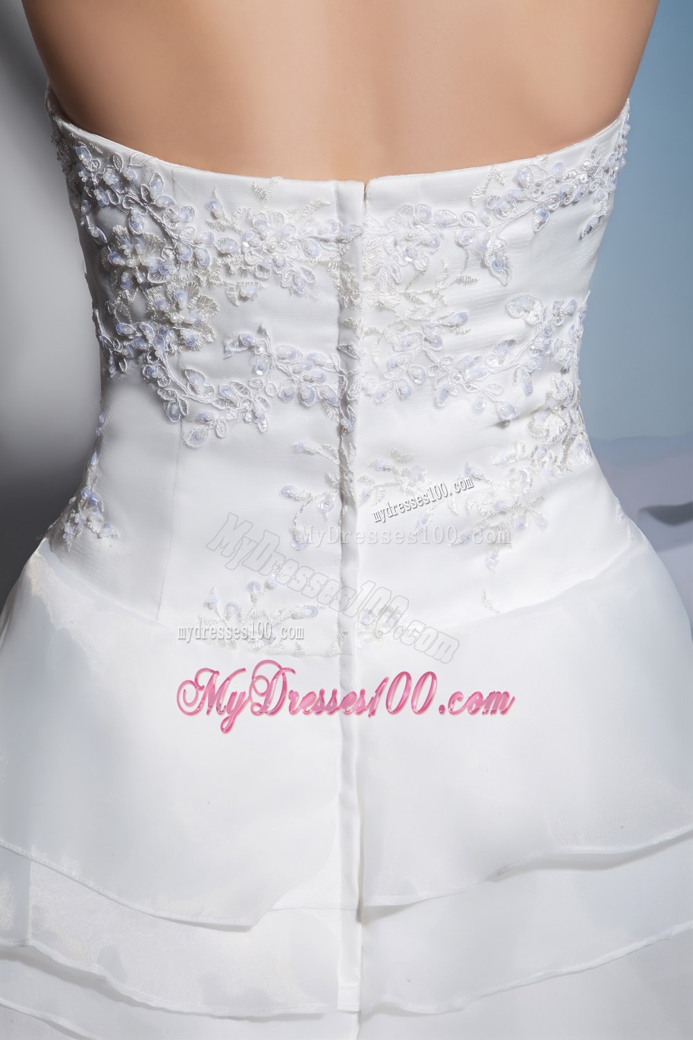 Lace and Ruffled Layers High-low Brush Train Strapless Wedding Dress