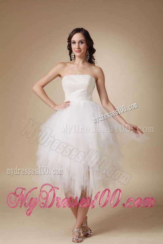 2013 Lovely Strapless Tea-length Beading Beach Wedding Dress