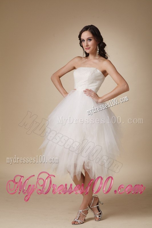 2013 Lovely Strapless Tea-length Beading Beach Wedding Dress