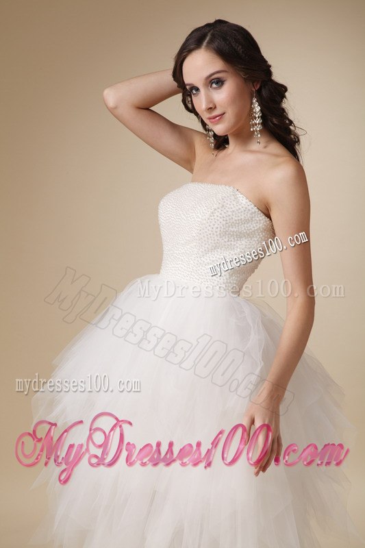 2013 Lovely Strapless Tea-length Beading Beach Wedding Dress