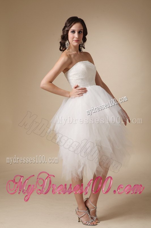 2013 Lovely Strapless Tea-length Beading Beach Wedding Dress