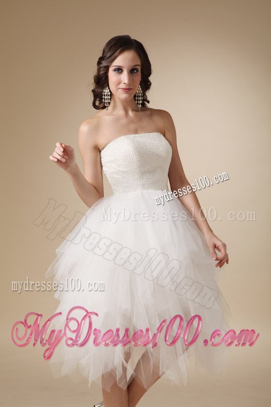 2013 Lovely Strapless Tea-length Beading Beach Wedding Dress