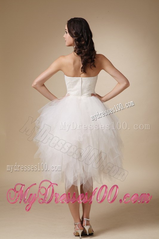 2013 Lovely Strapless Tea-length Beading Beach Wedding Dress