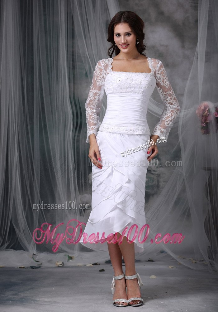Lovely Column Square Tea-length Lace Beading Beach Wedding Dress