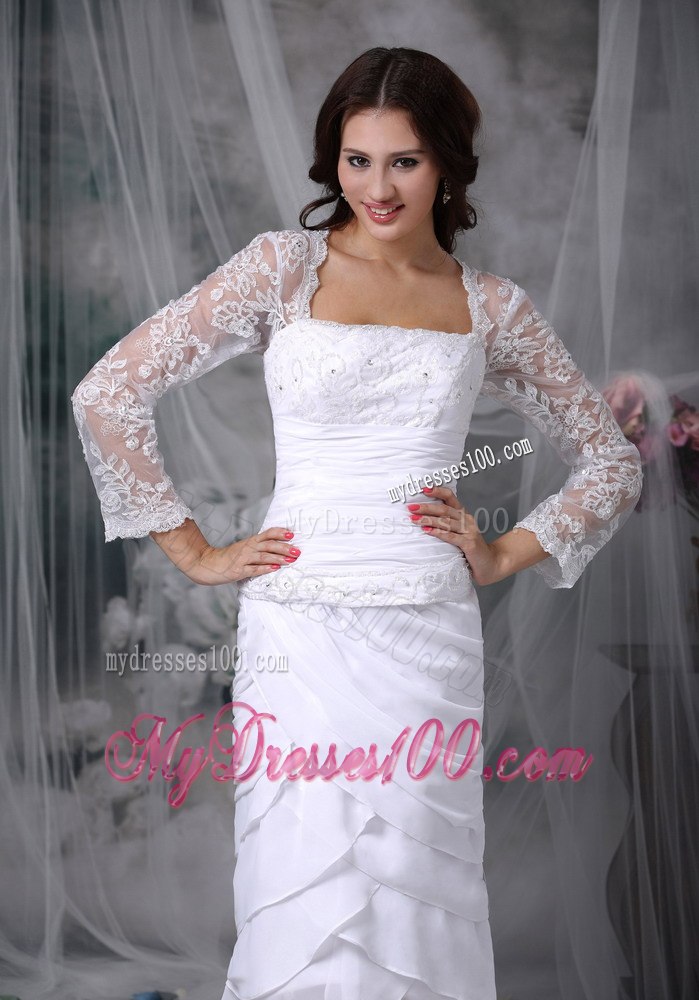 Lovely Column Square Tea-length Lace Beading Beach Wedding Dress