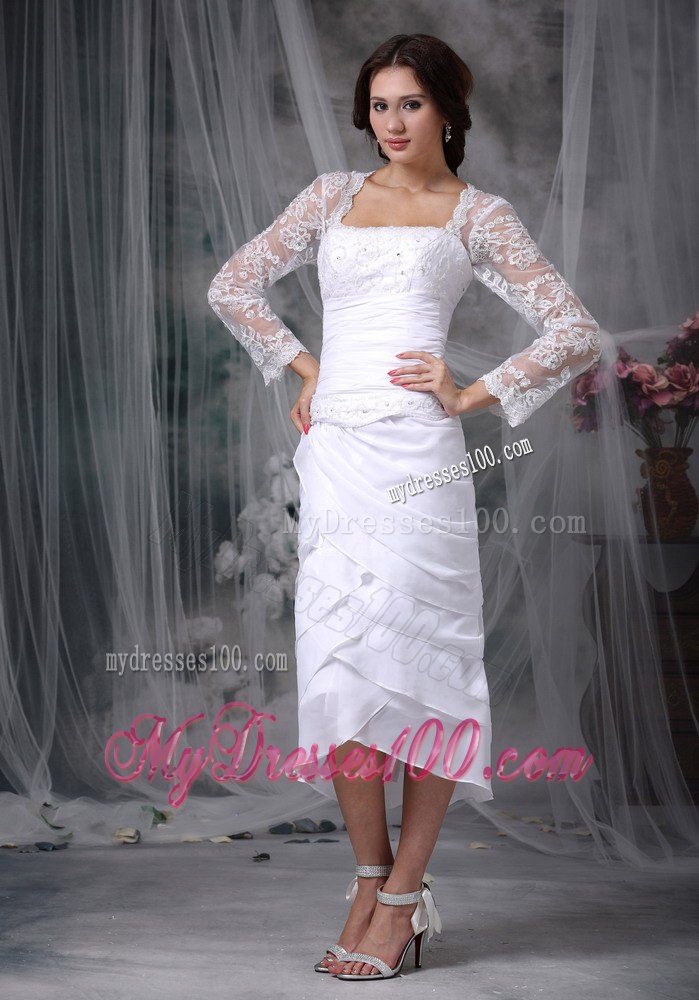 Lovely Column Square Tea-length Lace Beading Beach Wedding Dress