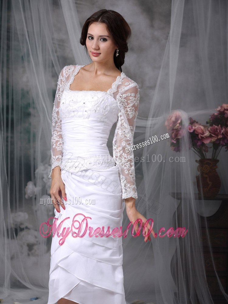 Lovely Column Square Tea-length Lace Beading Beach Wedding Dress