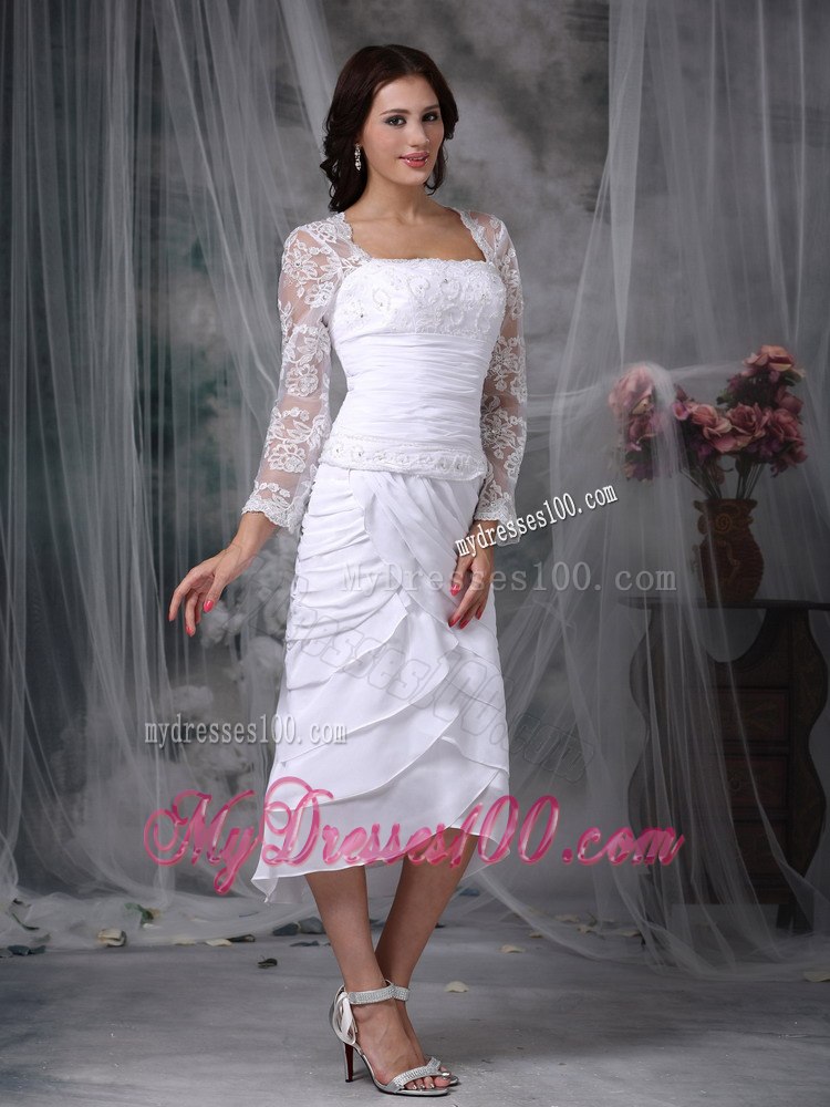 Lovely Column Square Tea-length Lace Beading Beach Wedding Dress