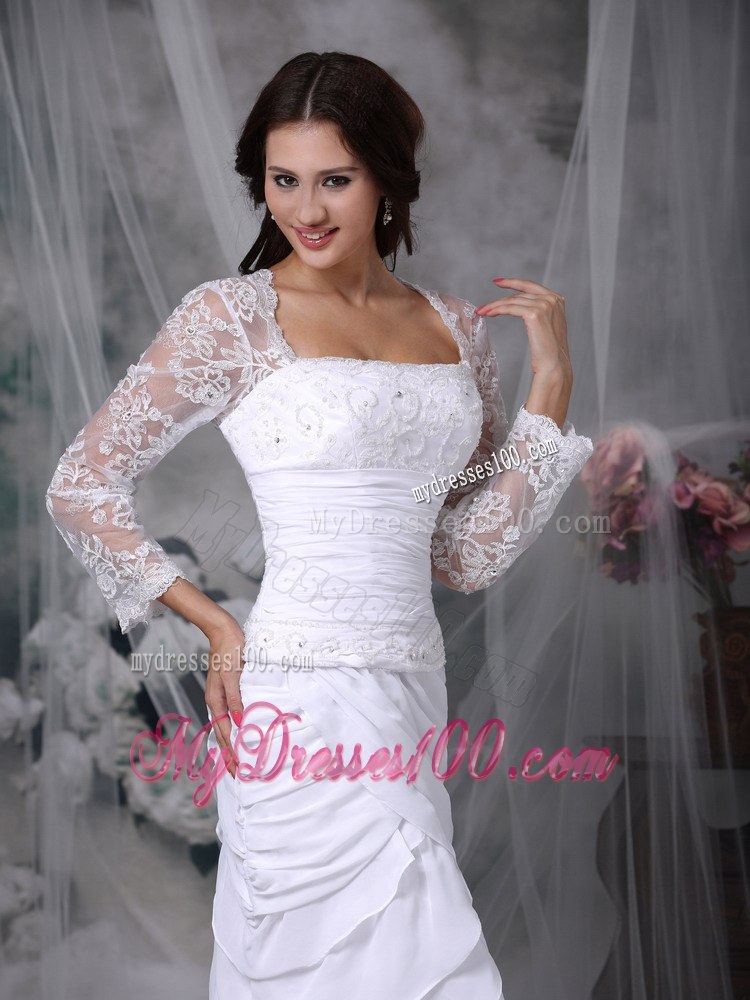 Lovely Column Square Tea-length Lace Beading Beach Wedding Dress