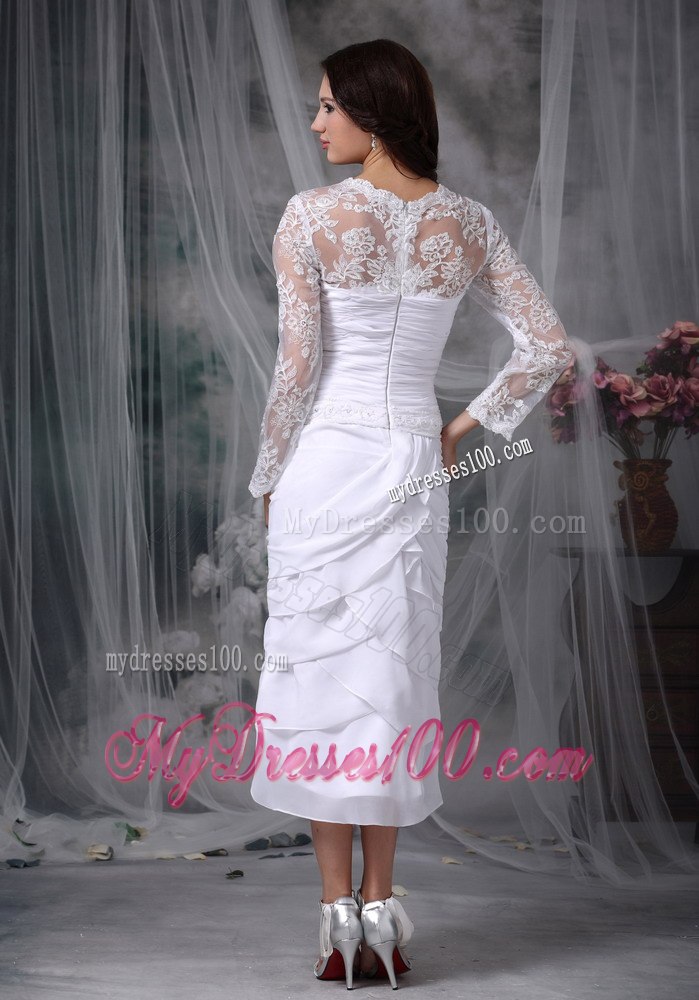 Lovely Column Square Tea-length Lace Beading Beach Wedding Dress