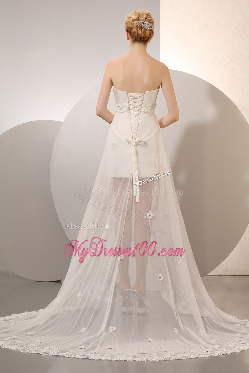 Column Sweetheart Court Train Hand Made Flower Wedding Dresses