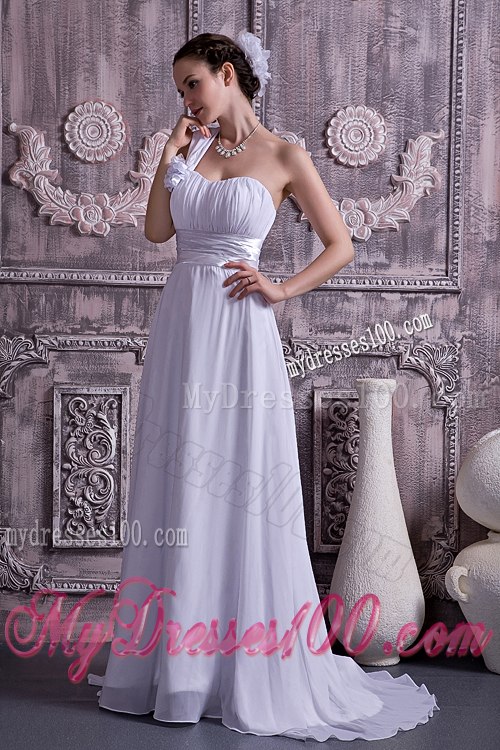 Lovely Empire One Shoulder Court Train Ruching Beach Wedding Dress