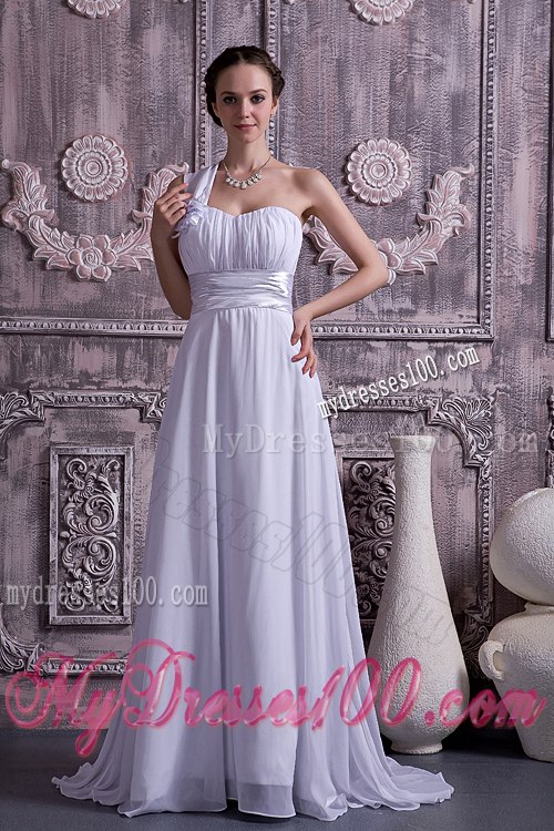 Lovely Empire One Shoulder Court Train Ruching Beach Wedding Dress