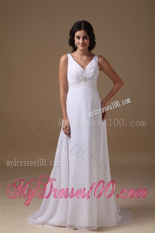 Lovely Empire V-neck Brush Train Beading Beach 2013 Wedding Dress