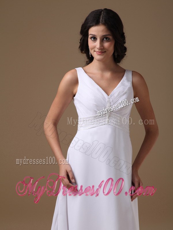 Lovely Empire V-neck Brush Train Beading Beach 2013 Wedding Dress